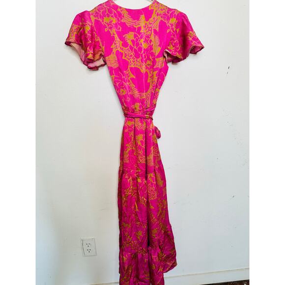 TANYA TAYLOR Women's Pink Orange Floral 100% Silk V-Neck Lisa Wrap Dress size 2 - Picture 10 of 16